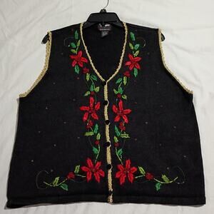 VTG Ugly Christmas Vest Women's Large Beaded Embroidered Gold Trim Black